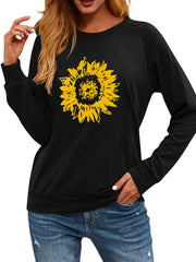 Sunflower Print Crew Neck Pullover Casual Loose Long Sleeve Sweatshirt