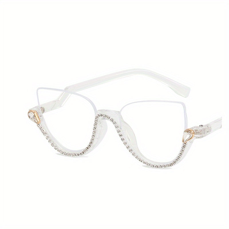Semi Rimless Clear Lens Rhinestone Cat Eye Glasses
