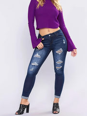 Navy Ripped Skinny Jeans High Stretch Denim Pants Women's Clothing