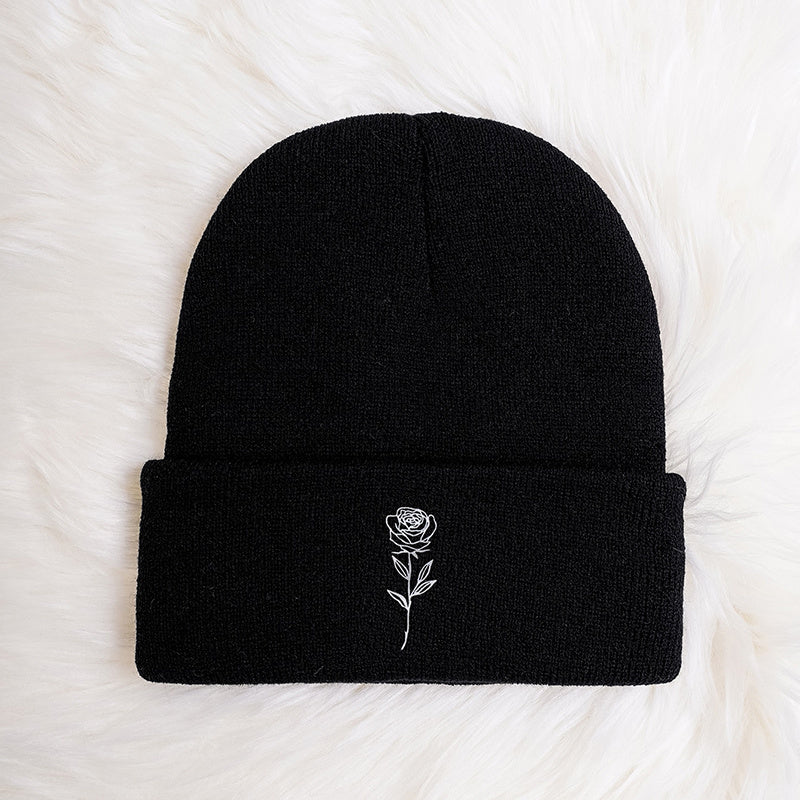 Mature Rose Vintage Embroidered Knit Hat With Rose Print