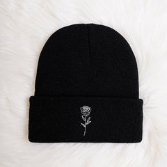 Mature Rose Vintage Embroidered Knit Hat With Rose Print