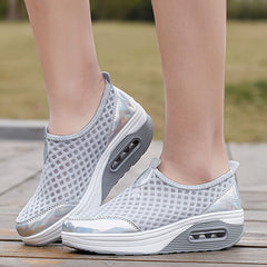 Argyle Pattern Mesh Wedge Sneakers Air Cushion Casual Walking Shoes