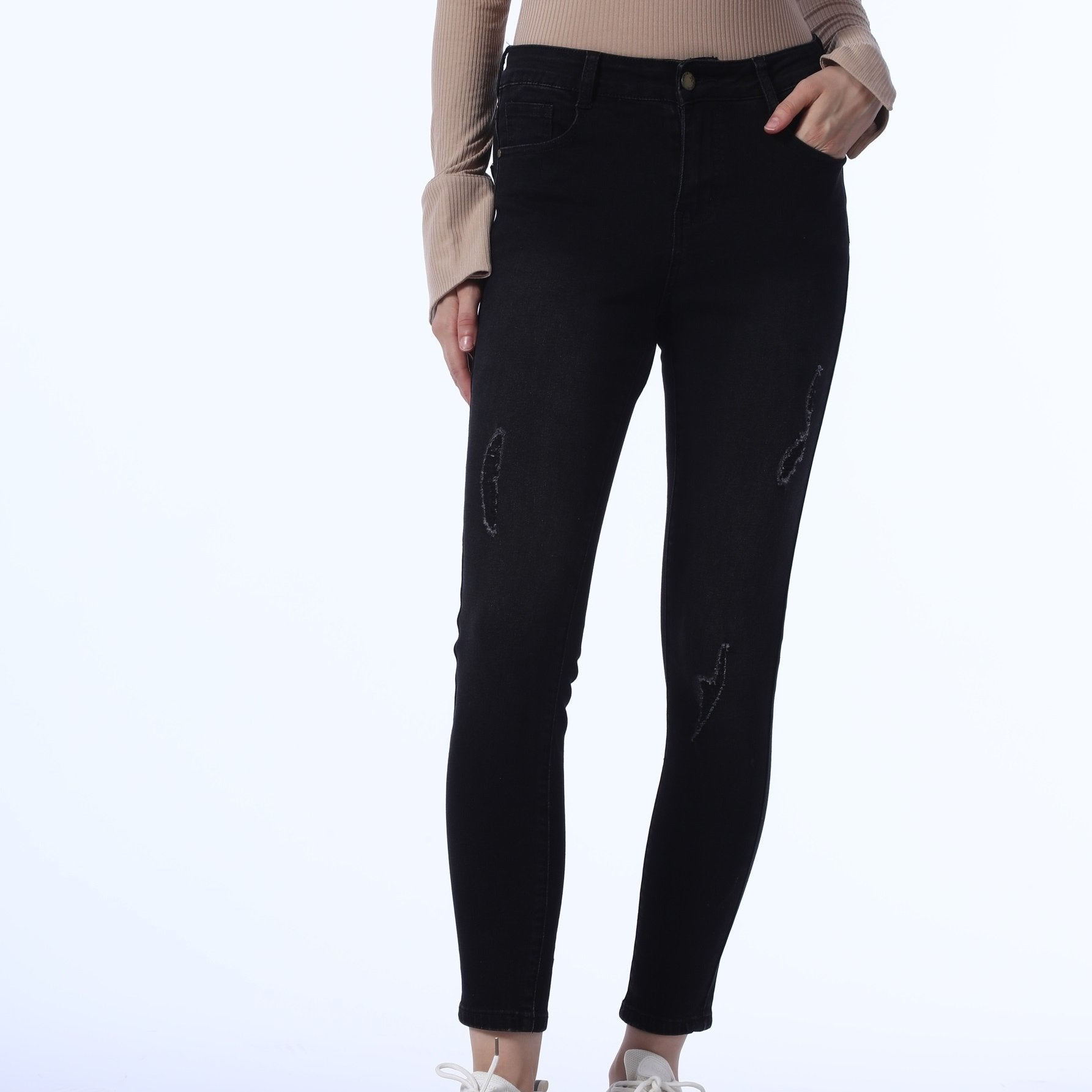 High Rise Ripped Cropped Skinny Jeans Mid Waist Distressed Denim Pants