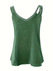 Rhinestone V Neck Cami Top Sleeveless Summer Blouse