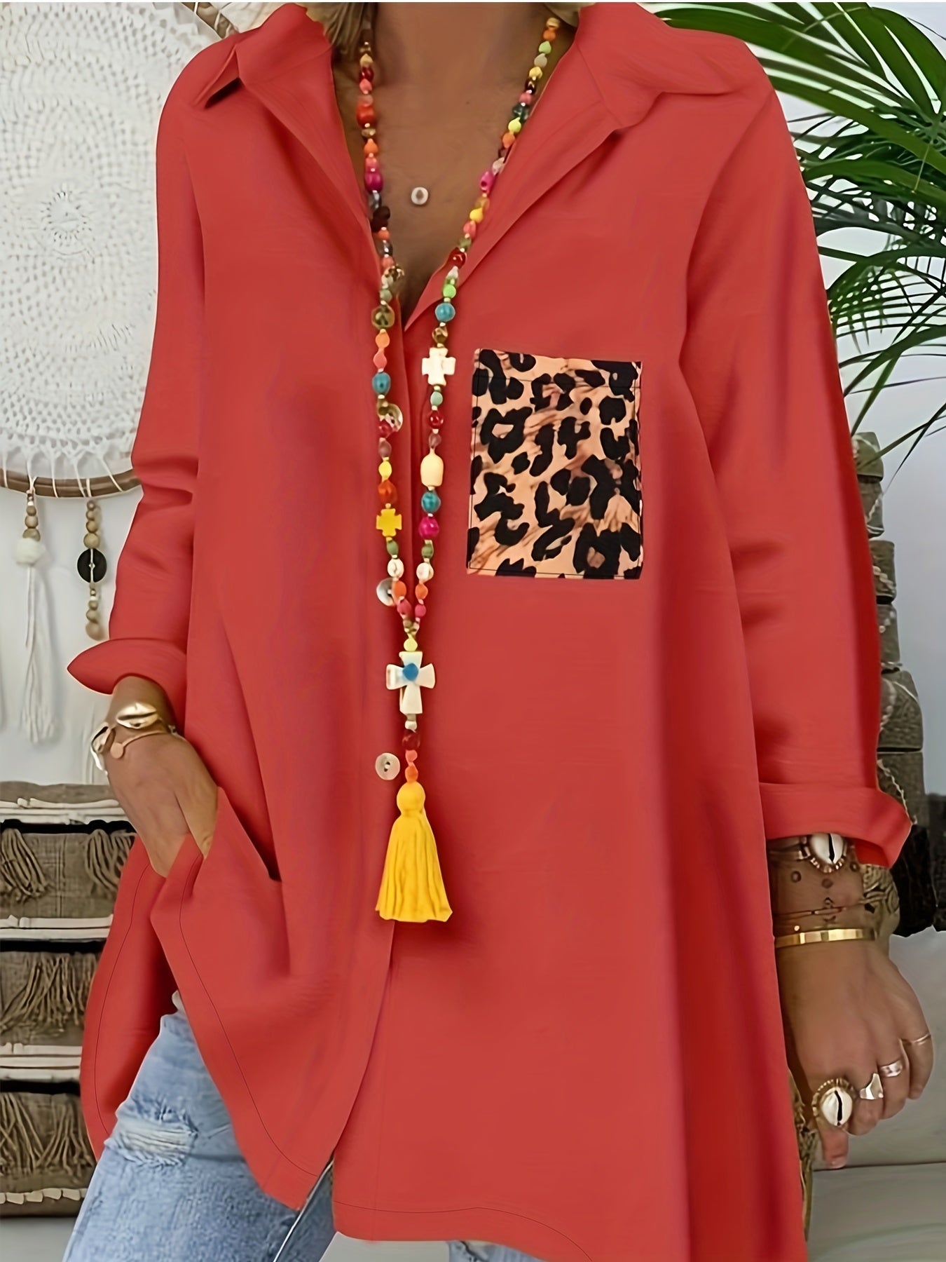 Colorblock Leopard Print Button Up Long Sleeve Shirt