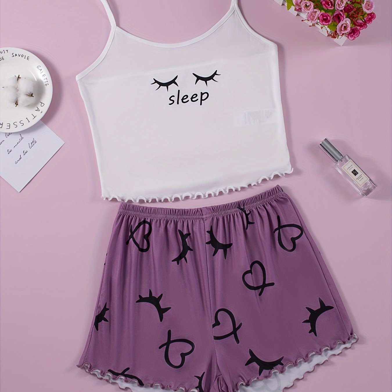 Heart & Eyelash Print Pajama Set Cami Top & Shorts Women's Sleepwear