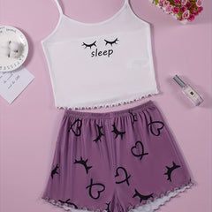 Heart & Eyelash Print Pajama Set Cami Top & Shorts Women's Sleepwear