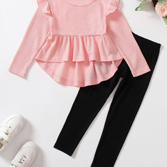 Girl's Ribbed Peplum Top & Leggings Set For Spring Fall