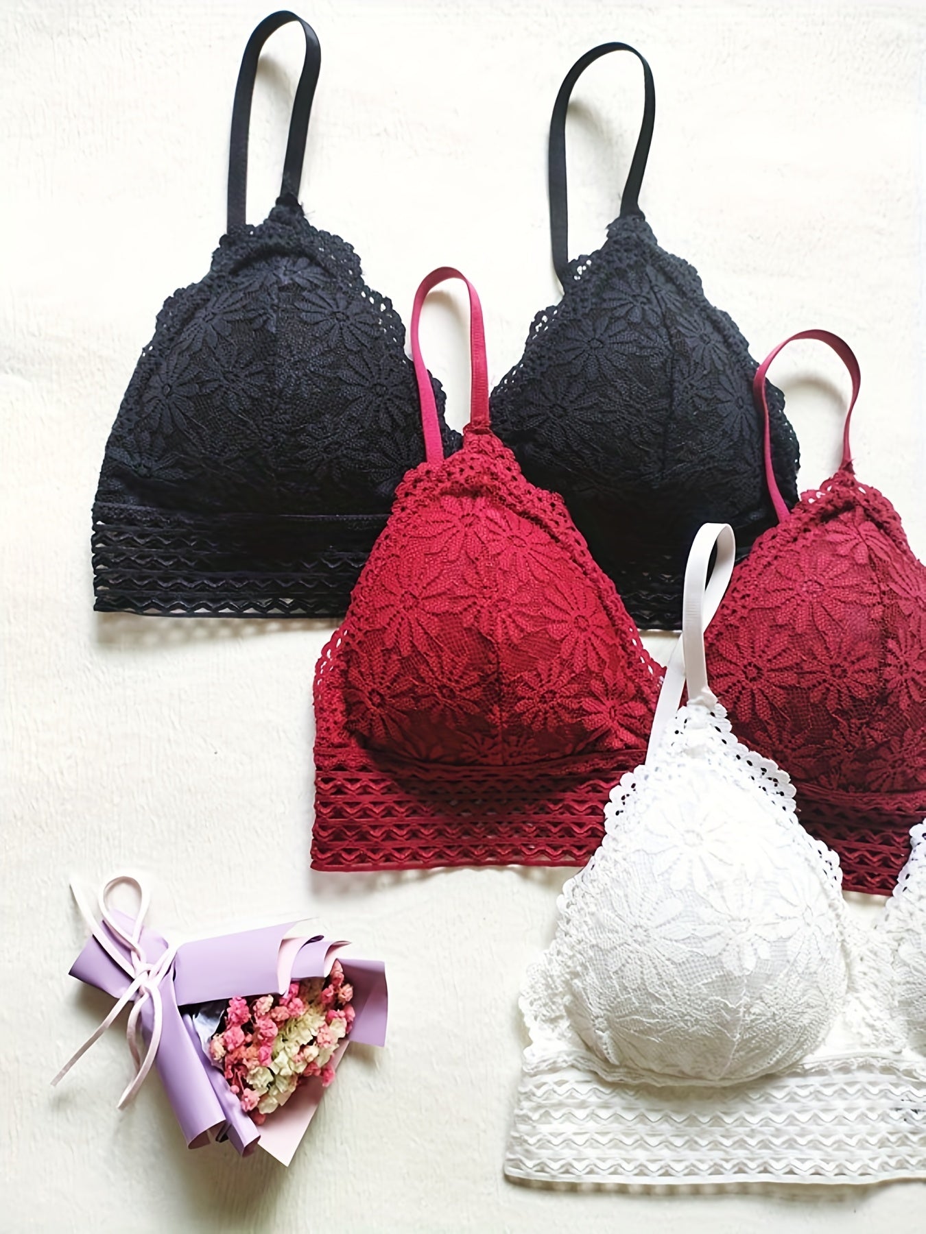 3pcs Lace Wireless Bras Lingerie Set