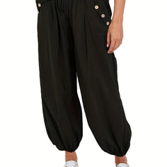 Pleated Elastic Waist Pants Button Decor Baggy Pants