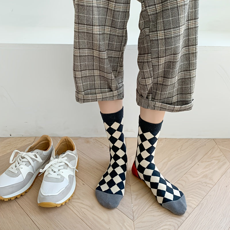 5 Pairs Floral & Plaid Print Socks Women's Mid Tube Stockings