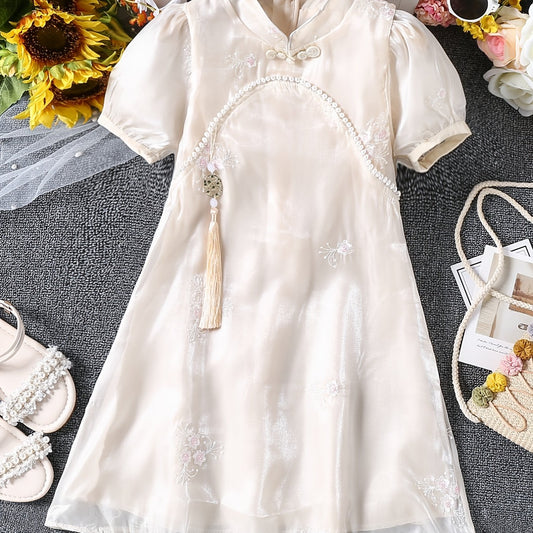 Girls Vintage Cheongsam Dress Faux Pearl Embroidered Summer Party Clothes