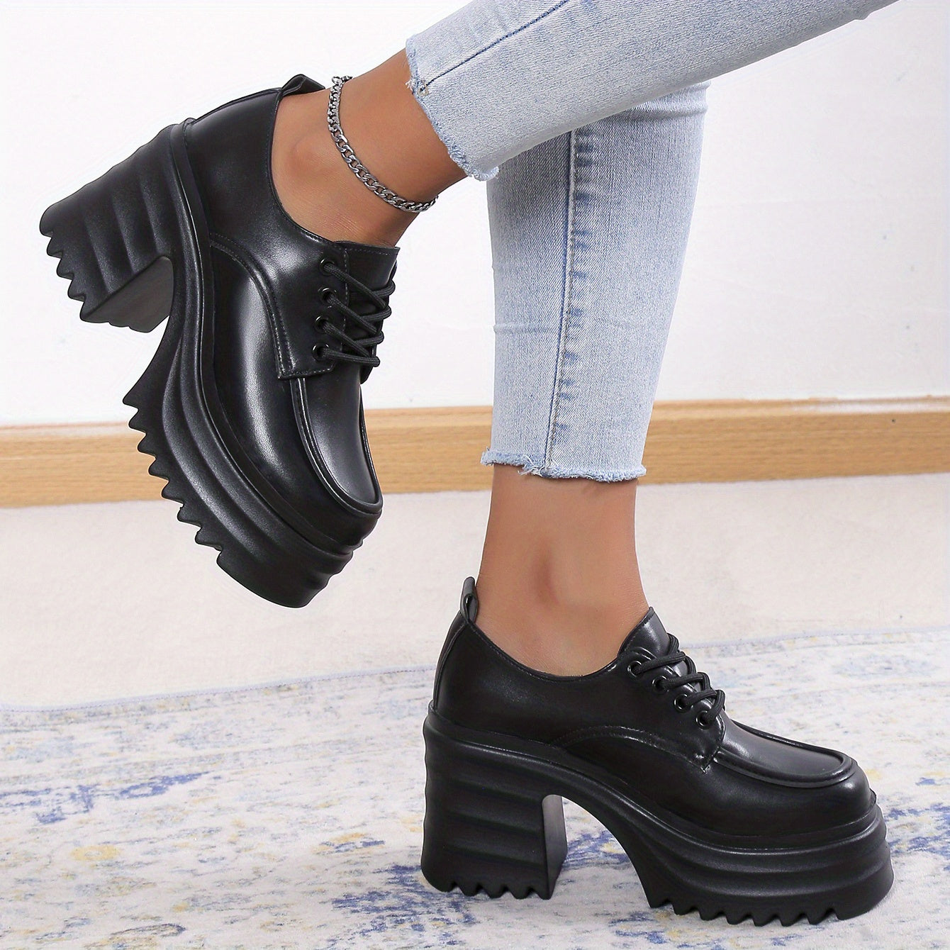 Women's Chunky Heel Loafers Lace Up Platform Shoes