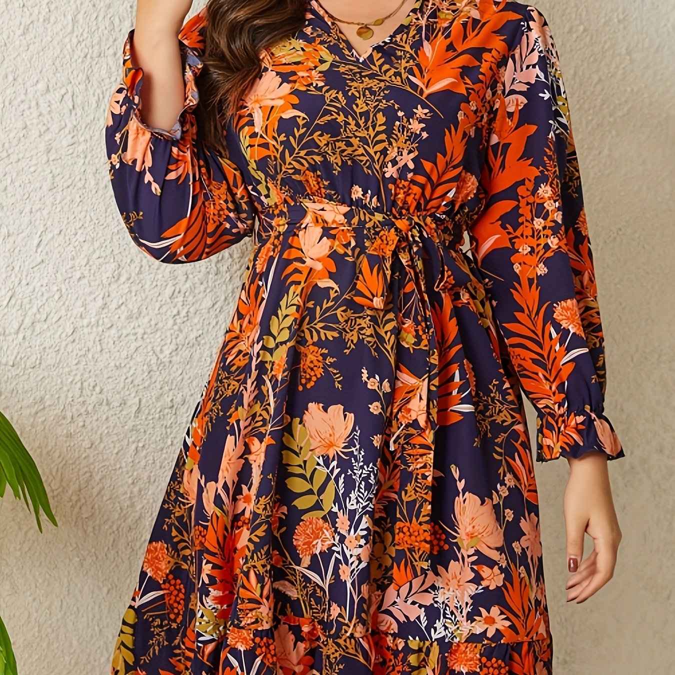 Floral Print Lantern Sleeve V Neck Mini Dress With Belt