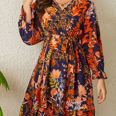 Floral Print Lantern Sleeve V Neck Mini Dress With Belt