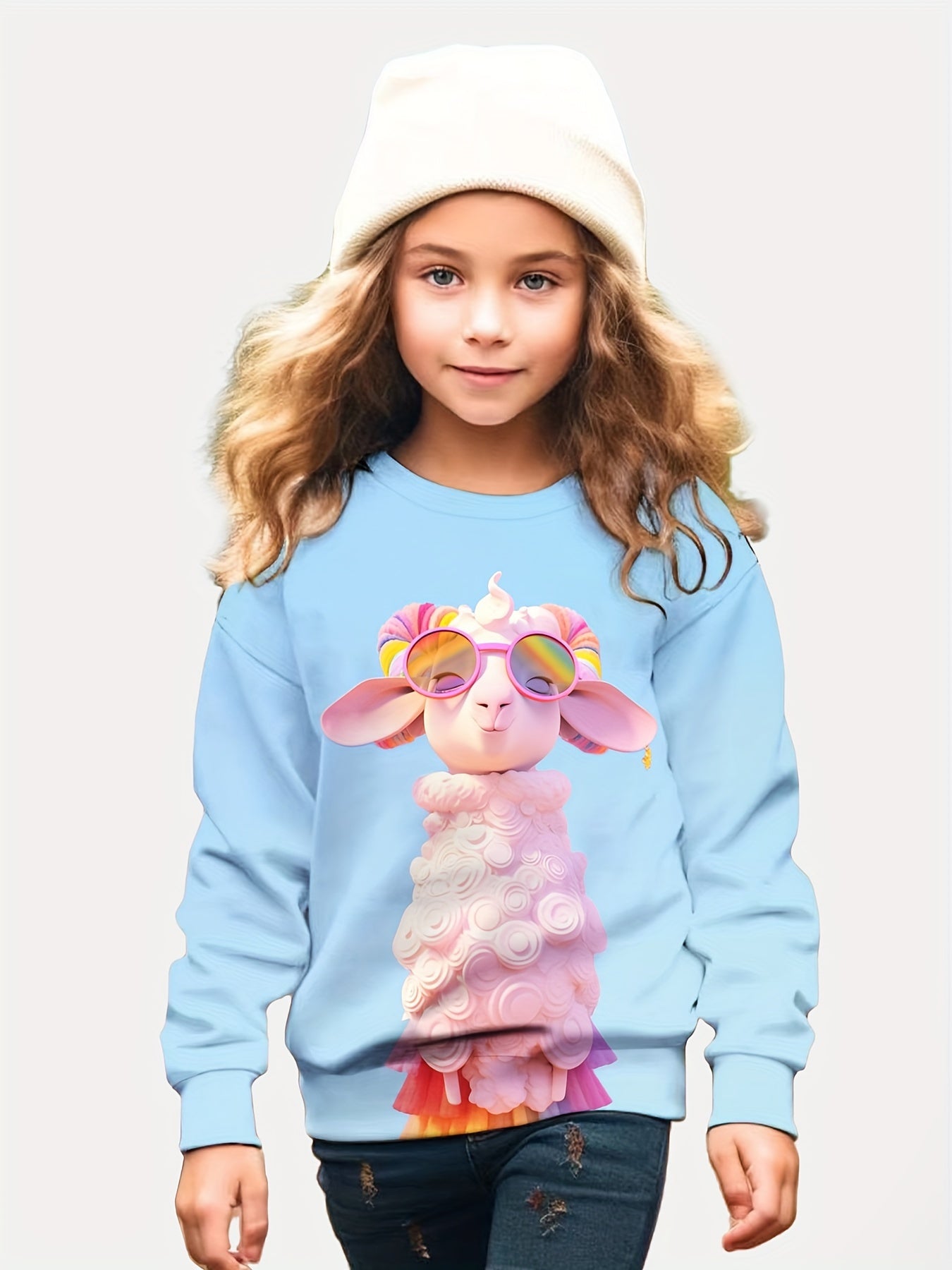 Ice Cream Goat Print Long Sleeve Sweatshirt For Girls
