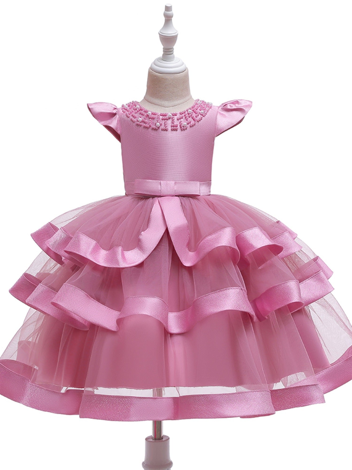 Girls Mesh Princess Dress Fly Sleeve Bow Belt Layer Dress
