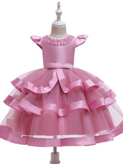 Girls Mesh Princess Dress Fly Sleeve Bow Belt Layer Dress
