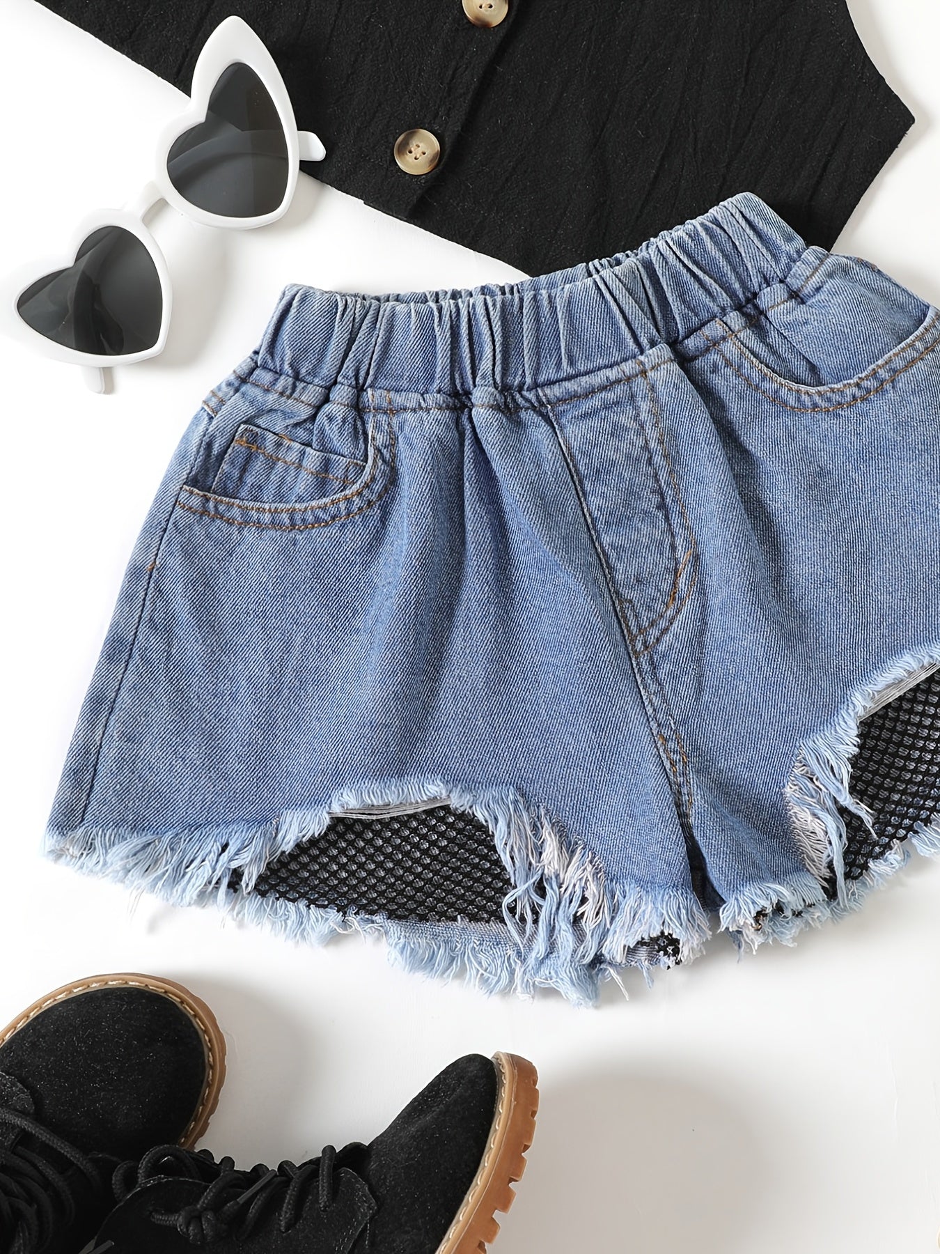 Girls Mesh Patchwork Denim Shorts Set Kids Summer Clothes