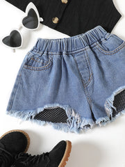 Girls Mesh Patchwork Denim Shorts Set Kids Summer Clothes