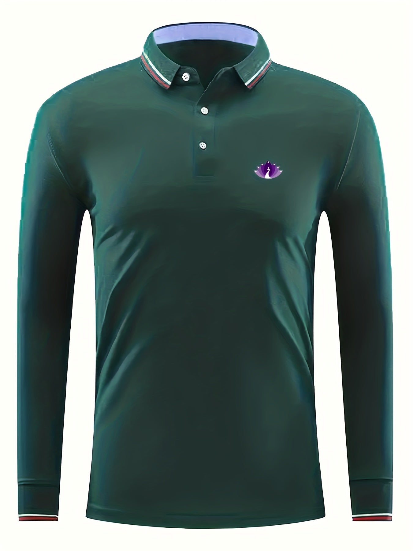 Purple Peacock Print Men's Lapel Polo Shirt Casual Button Up Long Sleeve Top