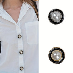 2pcs Round Shirt Button Covers with Pearl & Geometric Design