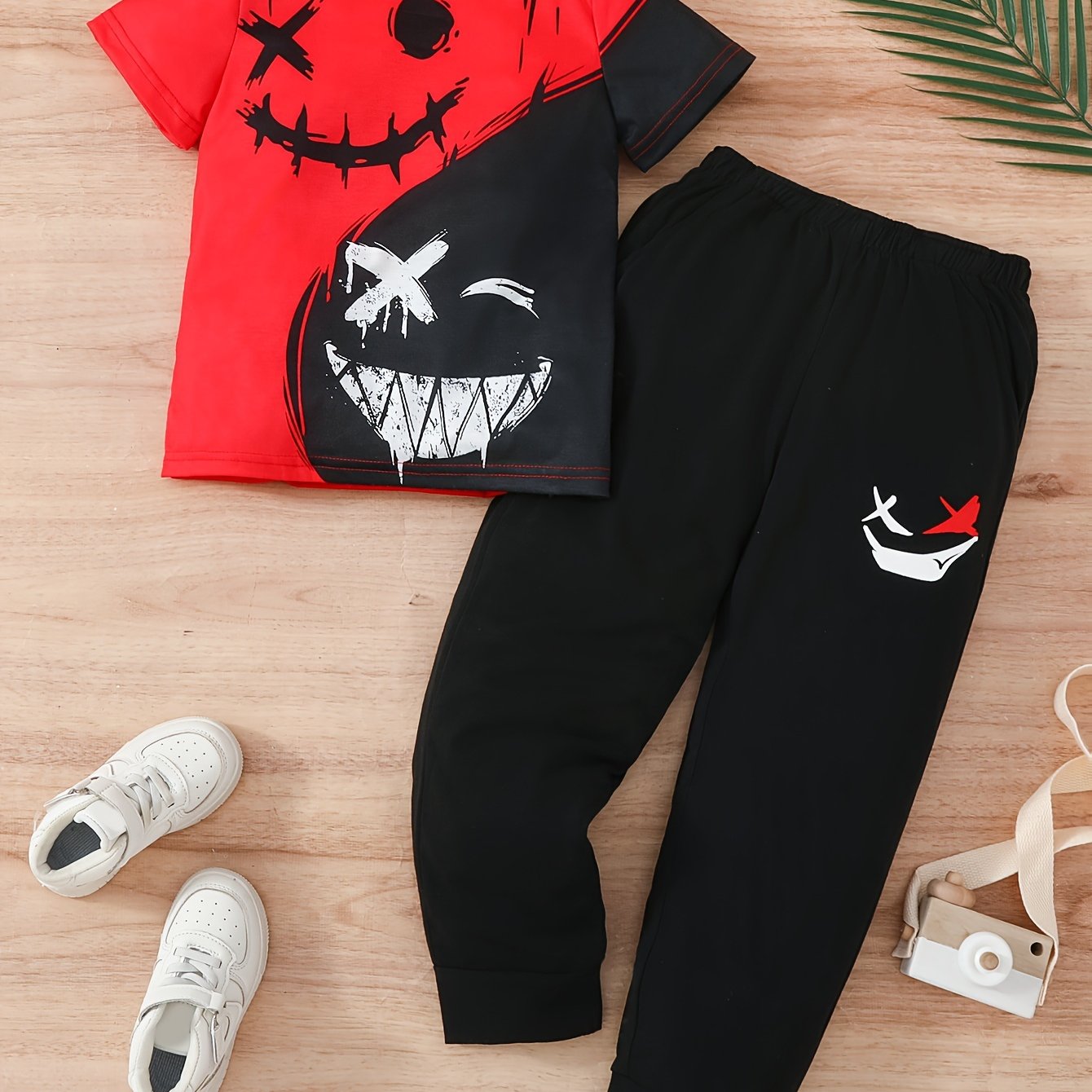 Boys Summer Sports Casual Suit Smiling Face Tee & Trousers Set