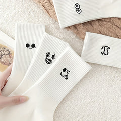 5 Pairs Expression Print Socks Comfy & Breathable Mid Tube Socks