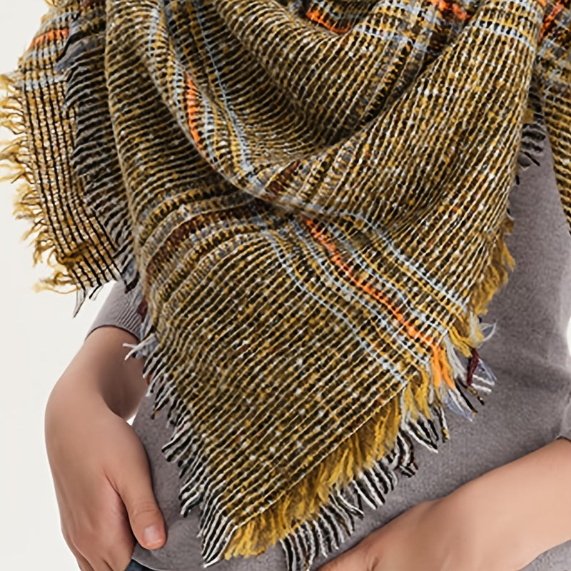 Checkered Triangle Tassel Scarf Warm Soft Fringe Yellow Blanket