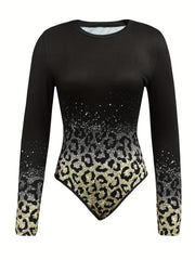 Leopard Print Long Sleeve Crew Neck Bodysuit