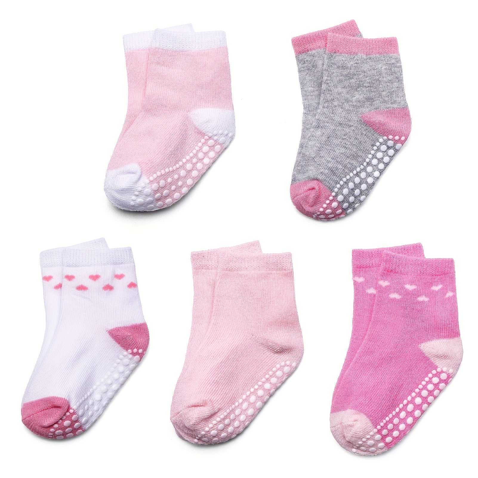 5 Pairs Girls Cotton Crew Socks, Anti-Skid Dots, Trampoline Short Socks