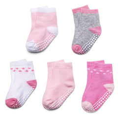 5 Pairs Girls Cotton Crew Socks, Anti-Skid Dots, Trampoline Short Socks