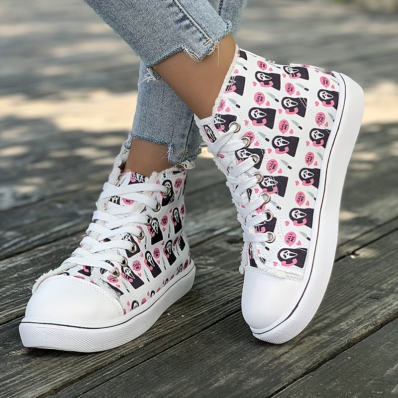 Women's Ghost Pattern Canvas Sneakers Lace Up High Top Trainers
