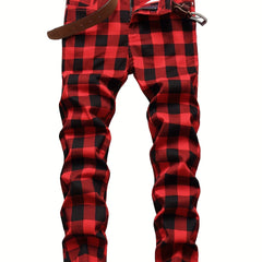 Y2K Plaid Pattern Slim Fit Jeans Vintage Style Stretch Denim Pants