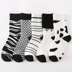 5 Pairs Geometric Pattern Mid Tube Socks Women's Stockings
