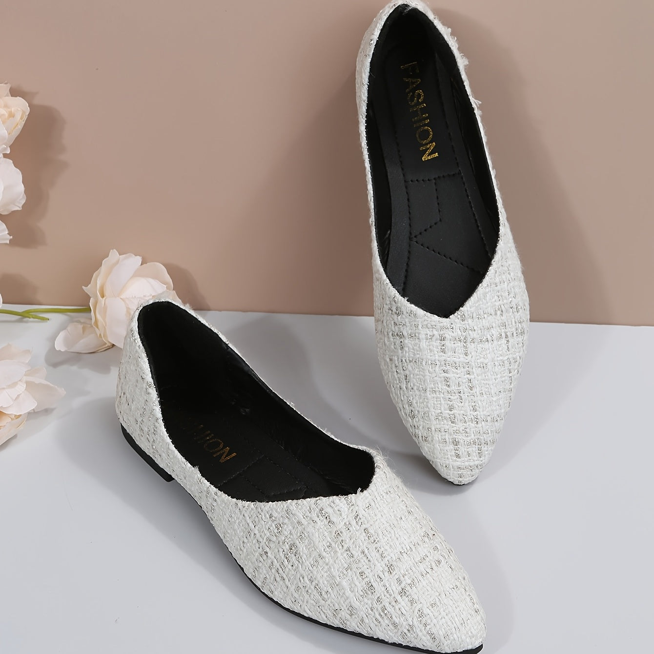 Women's Tweed Pointed Toe Flat Shoes Soft Sole Slip On Ballet Flats