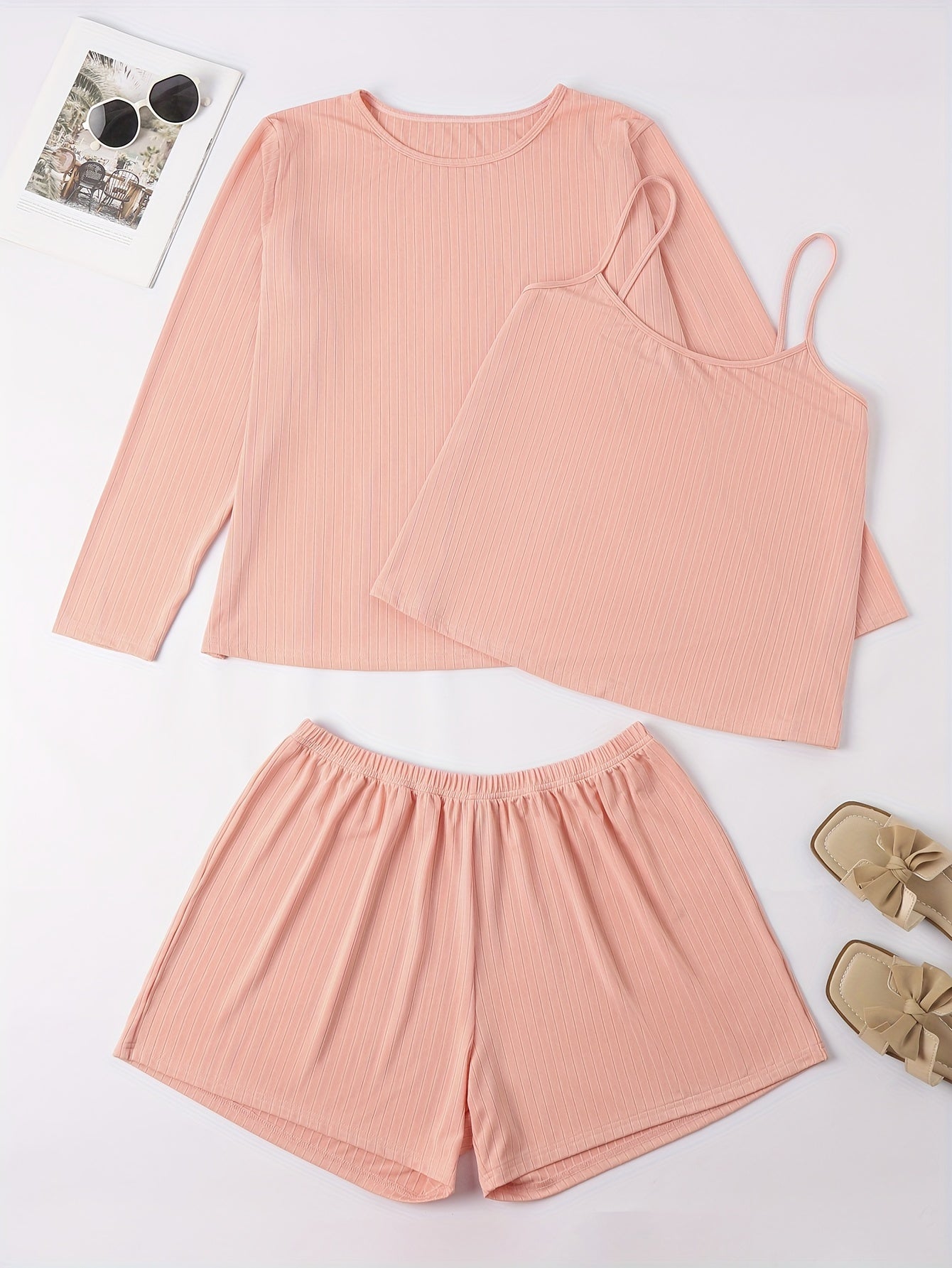 Ribbed Cami Top & Shorts & Tee Lounge 3 Piece Set
