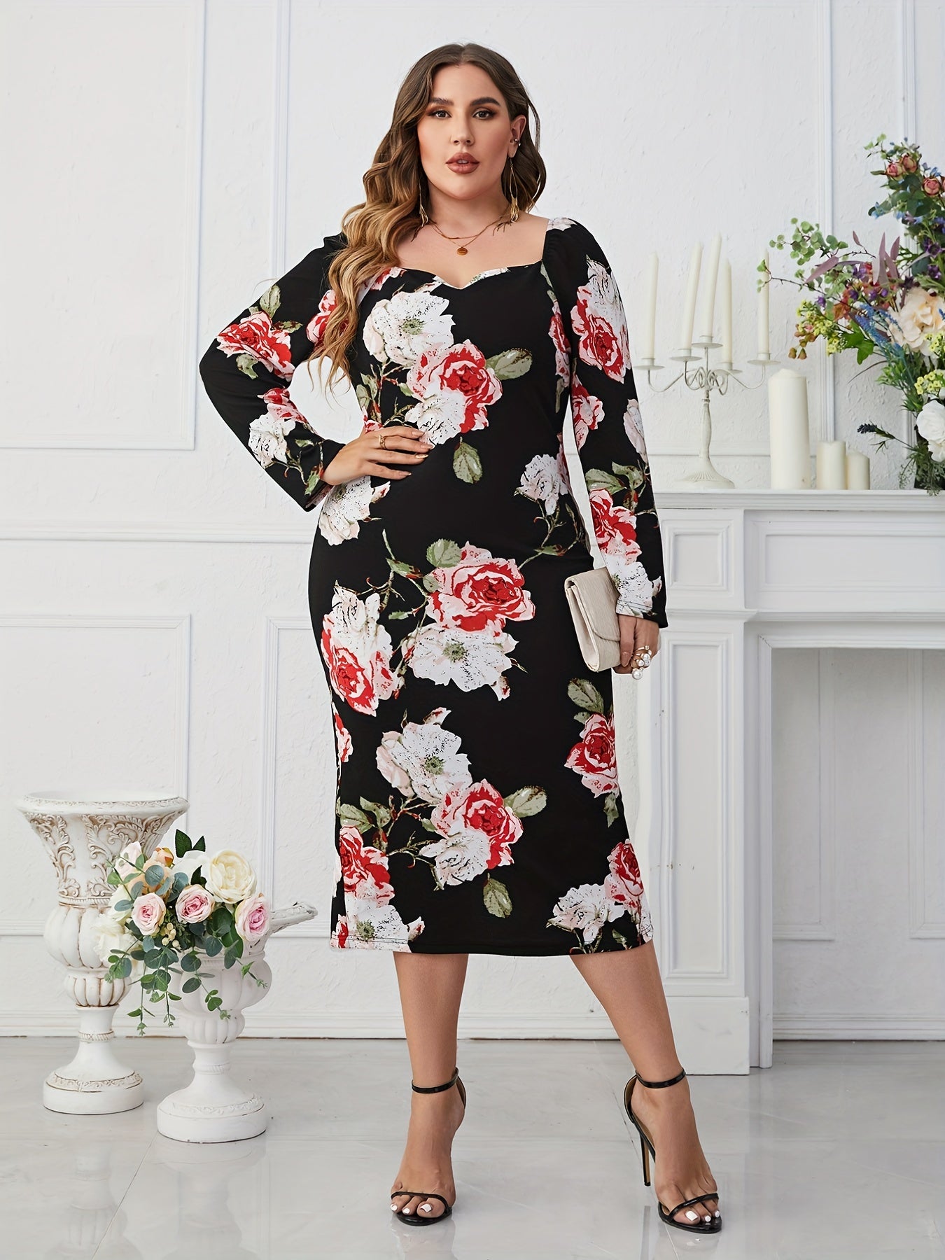 Floral Print Puff Sleeve Midi Dress