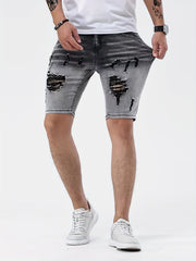Men's Slim Fit Ripped Denim Shorts - Casual Street Style Distressed Denim Shorts