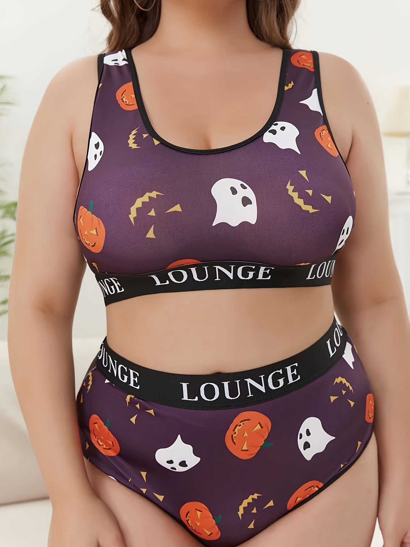 Halloween Underwear Set Women's Plus Ghost & Pumpkin Print