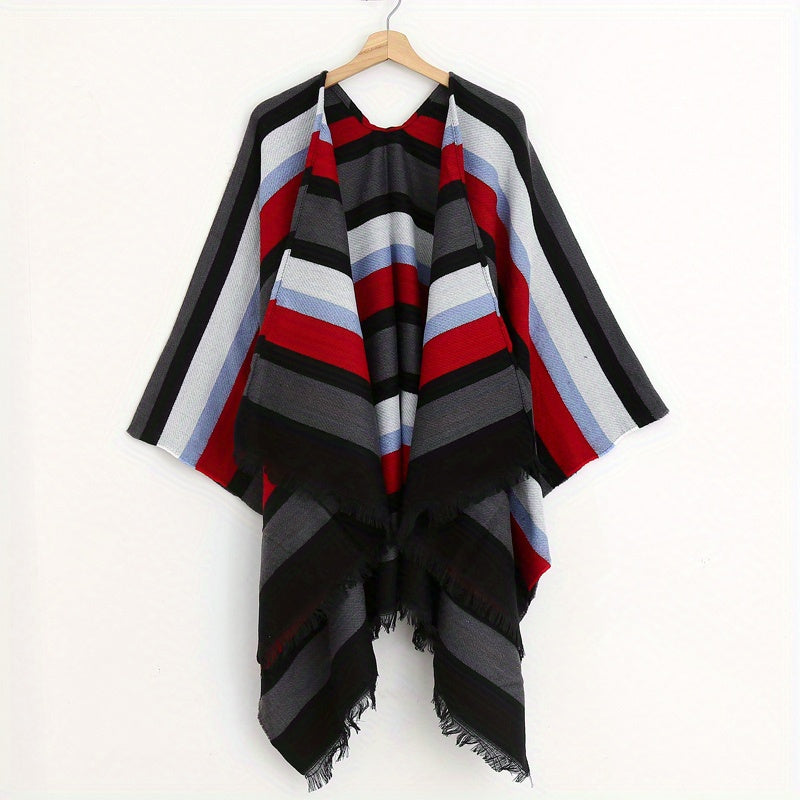 Striped Block Shawl Tassel Wraps Cashmere Large Blanket Scarf Vintage Cardigan