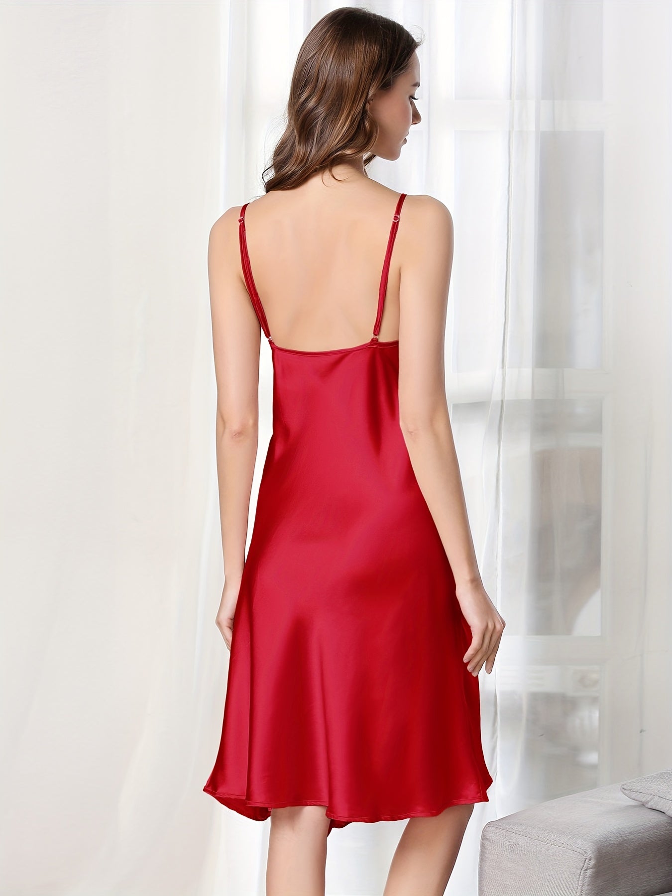 Satin Side Split Nightdress Crew Neck Backless Spaghetti Strap Sleep Dress