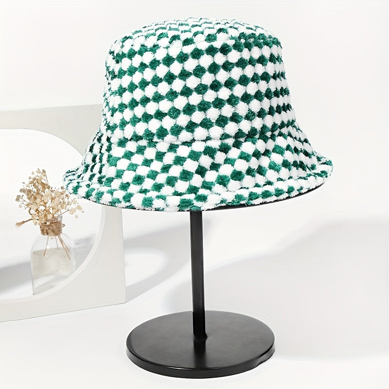 Green Plaid Plush Bucket Hat for Women & Men