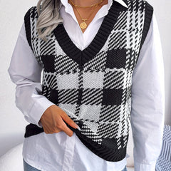 Plaid Sweater Vest Loose V Neck Fall Winter Women's Clothing