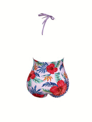 Sexy Swimsuit Women's Tropical Print Backless Halter One Piece
