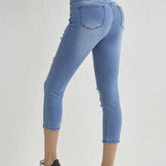 Ripped Holes Cropped Skinny Jeans Slim Fit Slash Pockets High Stretch Capris