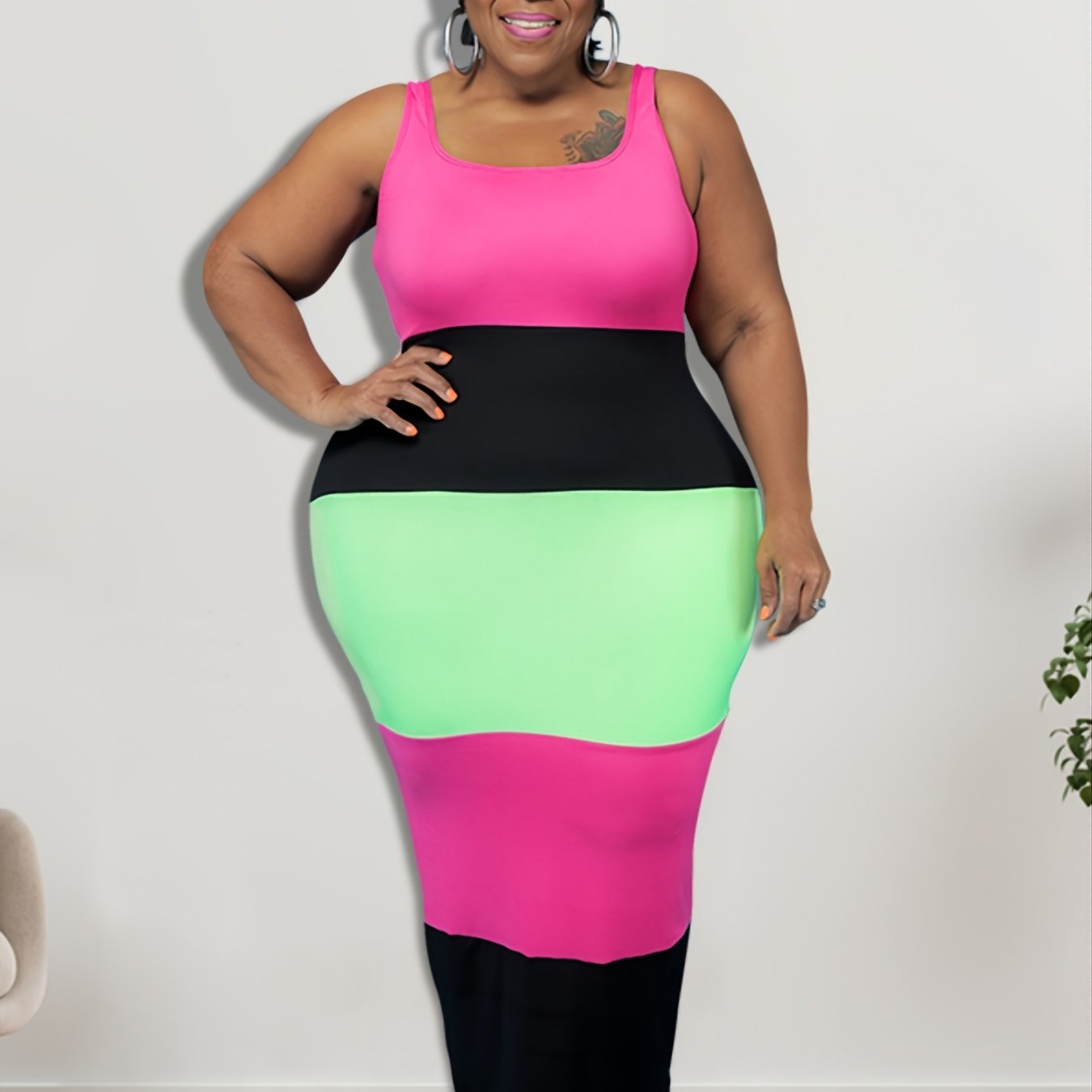 Colorblock Strip Tank Dress Women's Plus Casual Round Neck High Stretc