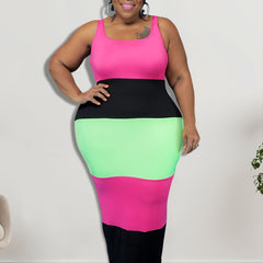 Colorblock Strip Tank Dress Women's Plus Casual Round Neck High Stretc