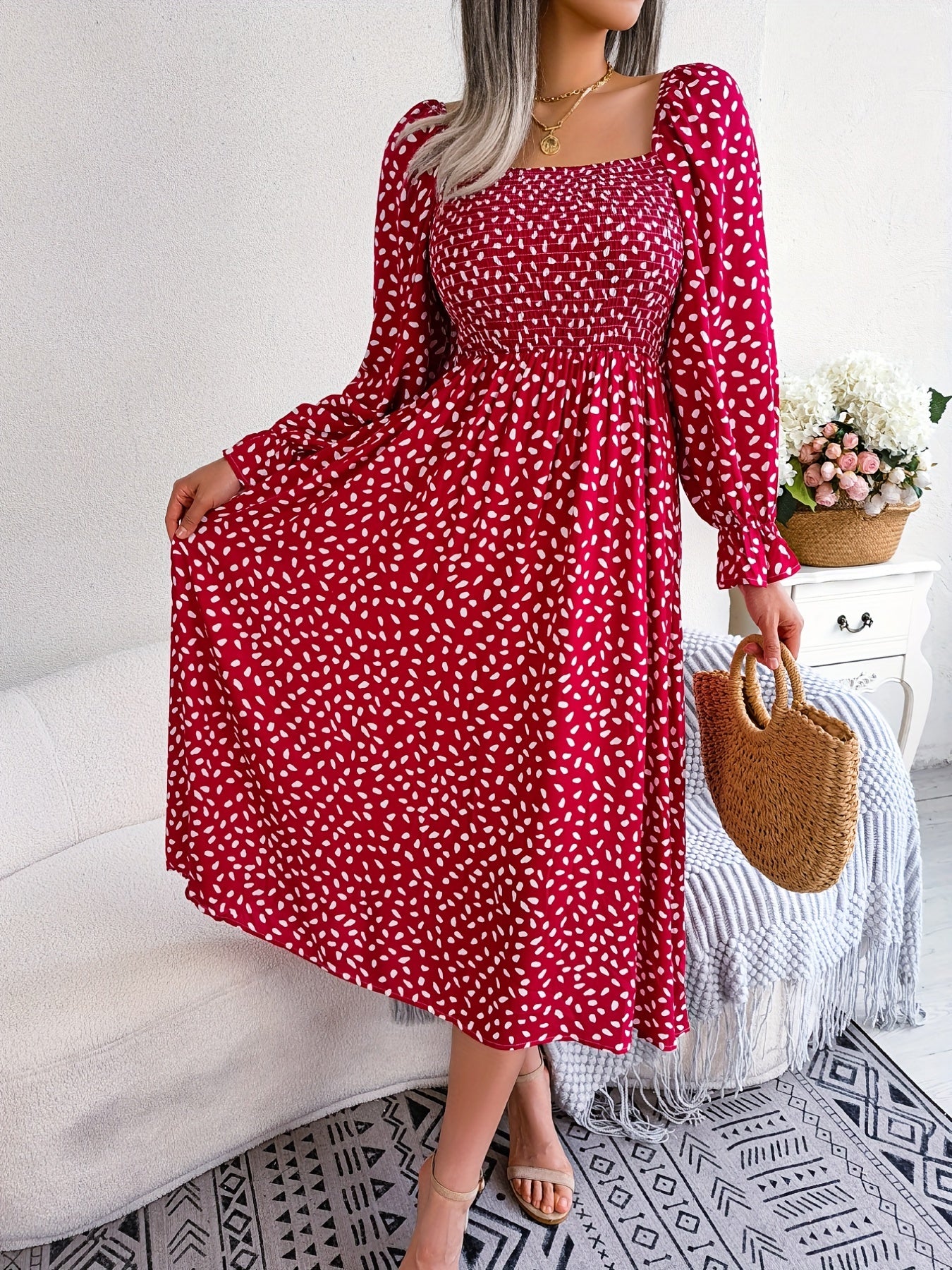 Floral Print Squared Neck Maxi Dress Puff Sleeve Slim Waist Ruched