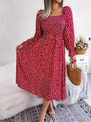 Floral Print Squared Neck Maxi Dress Puff Sleeve Slim Waist Ruched